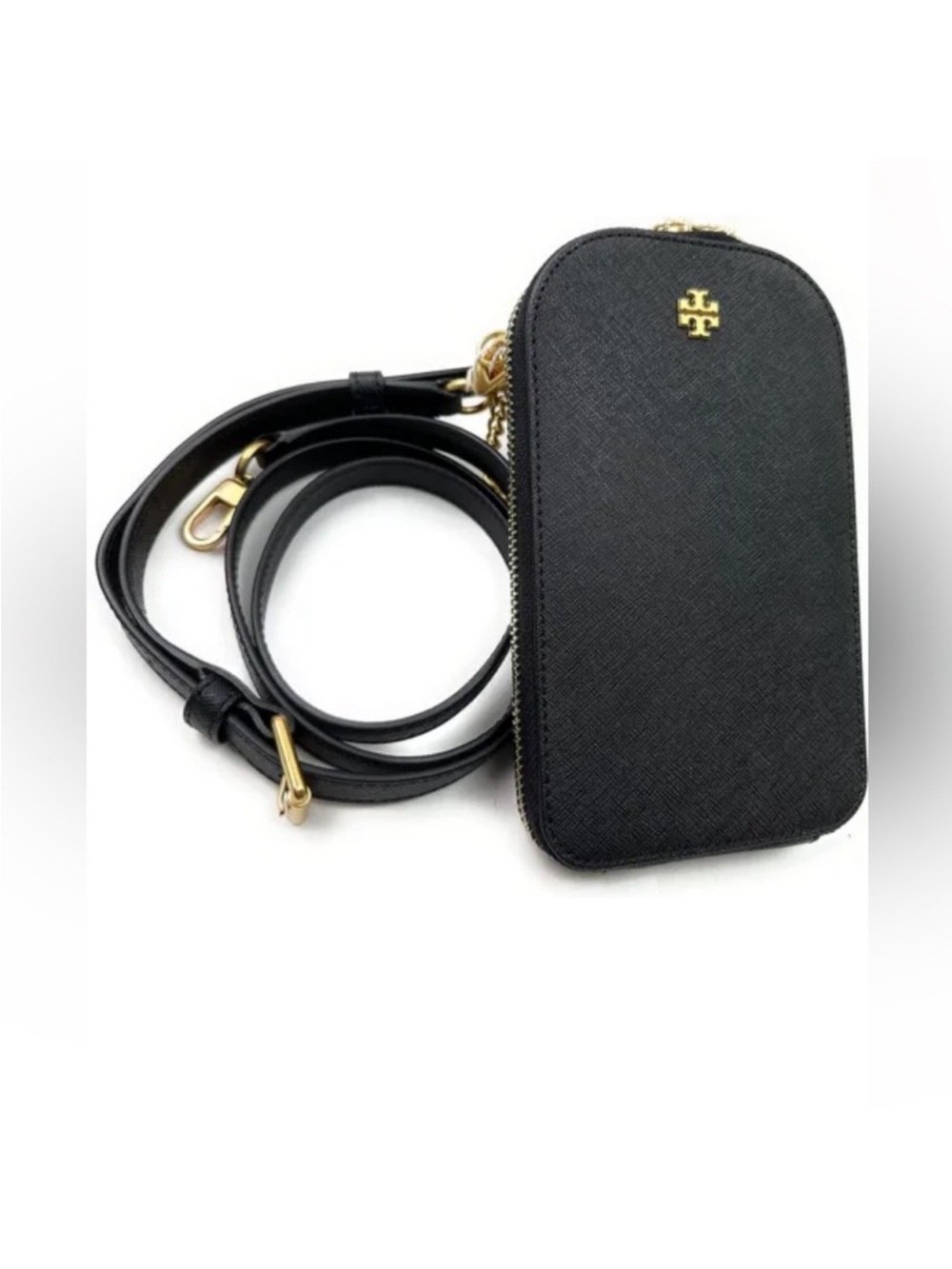 Tory Burch Black Saffiano Leather Crossbody Phone Pouch with Gold Logo - Picture 2 of 6